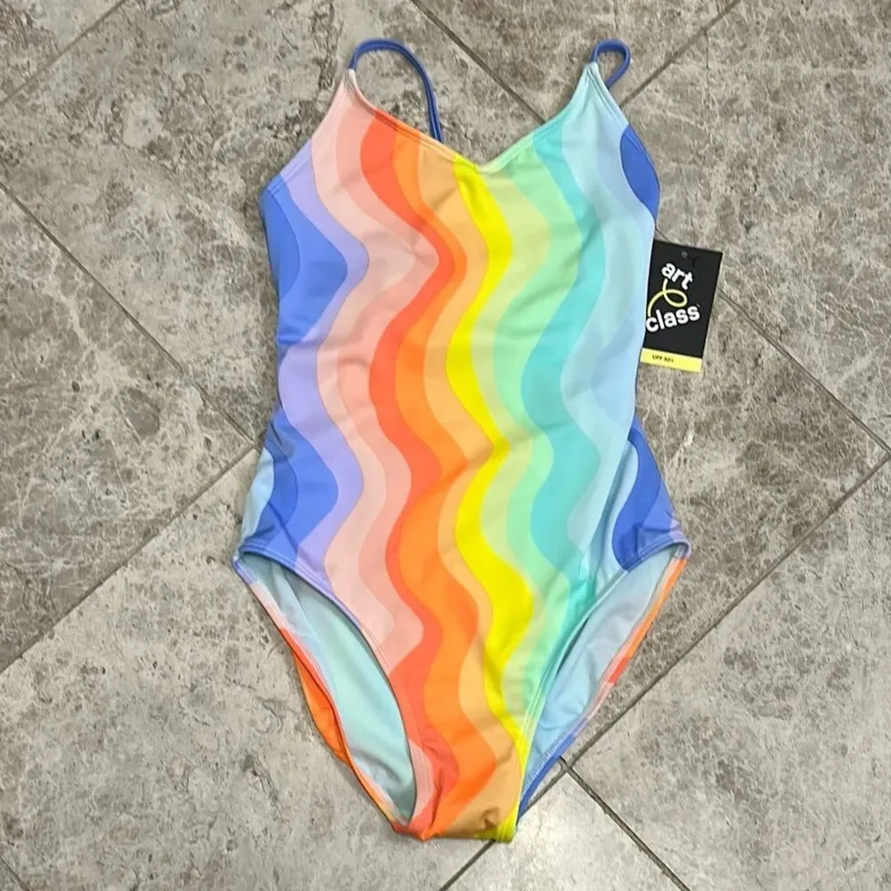 Art Class Target Girls Striped Wavy Fun One Piece Swimsuit NEW Size XL